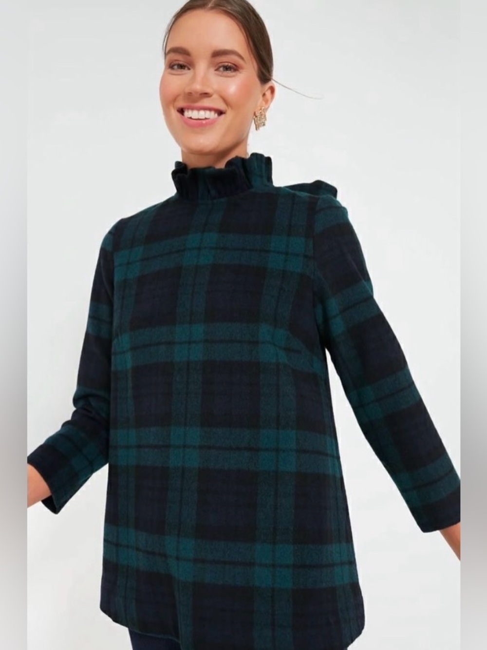 Tuckernuck Daphne Ruffle Tie-Back Wool Blend Top Blackwatch Plaid Small Preppy - Picture 3 of 14